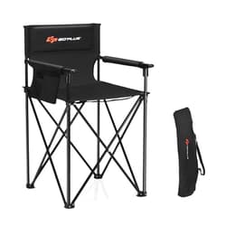 COSTWAY Folding Camping Chair, 38.5” Height Portable Tall Directors Chair with Storage Pouches, Detachable Armrests, Carrying Bag for Fishing, Picnic, Lawn, Black, 250LBS Weight Capacity