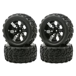 JIUWU 1:10 RC Monster Truck Car Wheel and Tires 1/10 Scale Off-Road Tires with 7 Spokes Wheel Rim Black RC Parts Pack of 4