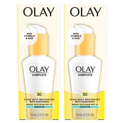 Olay Face Moisturizer Complete Daily Defense All Day Moisturizer With Sunscreen, SPF30 Sensitive Skin, 2.5 Fl Oz (Pack of 2)