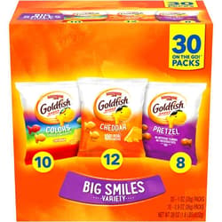 Goldfish Crackers Big Smiles Variety Pack with Cheddar, Colors, and Pretzels, Snack Packs, 30 Ct