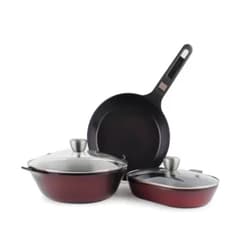 Neoflam MyPan Ceramic Nonstick Cookware Set, Chef's Wok, Grill Pan, Fish Pot, Stir Fry, Saute, Bake with Detachable Handle & Oven Safe Glass Lid for Daily Use, 6pc, Red Ruby