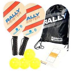 PickleballCentral Rally Meister Beginner Wood Pickleball Paddle Set for 2 Players (2 Paddles + 4 Outdoor Pickleballs + Drawstring Bag + Rules/Strategy Guide)