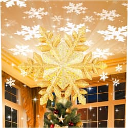 PliMook Christmas Tree Topper Lighted with 6 Projection Slides, PliMook Snowflake Christmas Tree Topper LED Rotating 3D Lighted Tree Toppers Glitter Tree Topper Projector for Christmas Tree(Gold)