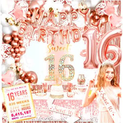 CIFREH Sweet 16 Birthday Decorations,Sweet 16 Party Decorations,Rose Gold 16th Birthday Decorations for Girls,Sweet 16 Cake Topper,Sweet 16 Sash Backdrop Balloons Arch Set for Her Sixteen Years Birthday
