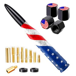 HVSTTPK American Flag Car Truck Bullet Antenna with Valve Stem Caps, Universal Antenna Mast for GM Chevy Silverado 1500 2500 3500 HD Avalanche Ford F150 F250 F350 Heavy Duty Pickup Jeep Accessories (Black)