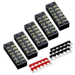MILAPEAK 10pcs (5 Sets) 6 Positions Dual Row 600V 25A Screw Terminal Strip Blocks with Cover + 400V 25A 6 Positions Pre-Insulated Terminals Barrier Strip (Black & Red)
