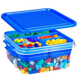 loobuu 1 Pack Toy Storage Organizer Box with Lid - Stackable Plastic Organizer Box Set, Kids Toy Chests with Compatible Building Baseplate and Lid, Storage Container for Building Bricks & Toys - Blue