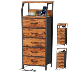Furnulem 5 Drawers Dresser with Charging Station, Tall Night Stand with Storage Shelf, Fabric Chest of Drawers, Bedside Table for Closet, Entryway, Bedroom Furniture, 3 Ways to Use, Rustic Brown