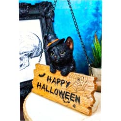 Ebros Gift Ebros Adorable Lifelike Black Kitten Cat with Witch Hat Holding Happy Halloween Plank Sign Branch Wall Ceiling Hanger Figurine Halloween Witches Wicca Feline Cats Decor