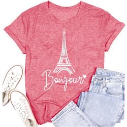 SUWATOIN Womens Paris Shirts Travel in France T-Shirt Eiffel Tower Bonjour Tee Tops