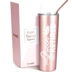 Onebttl Retirement Gifts for Women, Funny Retirement Tumbler 20oz, Retired Gifts for Coworkers, Grandma, Friends - Rose Gold (The Queen Has Retired)