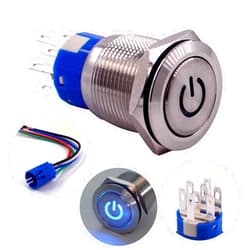 URTONE Latching Push Button Switch, URTONE UR197, 2NO2NC DPDT Stainless Steel with 24V Power Symbol Blue LED for 19mm 3/4