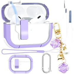 GAFKIDFO Clear Case for AirPods Pro 2nd/1st Generation Case Cover 5in1 Set, Purple Automatic Snap Switch Secure Lock Case for Apple Airpod Pro Case Women with Silicone Wrist Strap Cute Flower Keychain for Girl