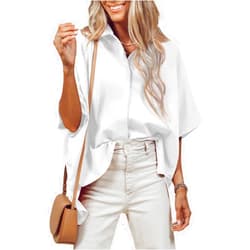 Merryfun Women’s Textured Button Down Shirts V Neck Short Sleeve Oversized Casual Collared Solid Summer Blouses Dressy Tops