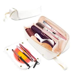 Kannino Hair Tools Travel Bag and Heat Resistant Mat, 2 in 1 Hot Tools Travel Bag for Straightener, Curling Iron, Flat Irons, Hair Dryer, Portable Organizer Hair Travel Case, Hangable Handles (Beige)