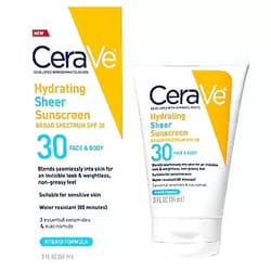 CeraVe Hydrating Sheer Sunscreen SPF 30 for Face and Body | Mineral Sunscreen & Chemical Sunscreen with Zinc Oxide, Hyaluronic Acid, Niacinamides and Ceramides| Paraben Free Fragrance Free | 3 Ounces
