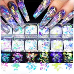 LRKNNO 12 Colors Holographic Glitter Nail Art Sequins Aurora Iridescent Nail Flakes Glitter Chameleon Flakes Irregular Ice Slag Glass Paper Ultra Thin Mermaid Nail Glitter for Nail Art Make-up DIY Decoration