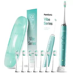 Aquasonic Vibe Series Ultra-Whitening Toothbrush – ADA Accepted Power Toothbrush - 8 Brush Heads & Travel Case – 40,000 VPM Motor & Wireless Charging - 4 Modes w Smart Timer – Mint Green Metallic
