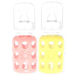 Lifefactory Glass Baby Bottles with Silicone Protection - 2-Pack, 4 Ounce Bottles, Cantaloupe & Banana