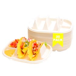 LUVCOSY 20 Pcs Small Disposable Taco Plates for Party, Cornstarch Taco Holders with 2 Dipping Areas, Hold for 2 Tacos, Square Fiesta Taco Trays for Taco Night, Microwave Safe