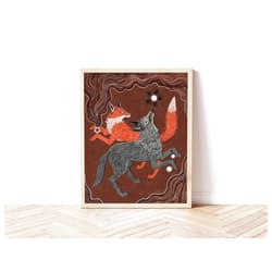 Generic Fox, Wolf, and Falling Star Folk Art Nature Print - Funky Animal Art, Cottagecore Wall Decor