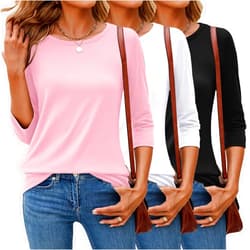 Ficerd 3 Pack 3/4 Sleeve Tops for Women Round Neck Fall Basics Tees Casual Trendy Loose Fit T Shirts