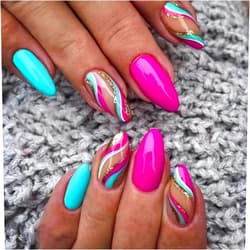 FADOORA Almond Press On Nails Short Pink Blue Press On Nail Acrylic Press On Nails False Nails with Designs Stick On Nails 24PCS Glue On Nails