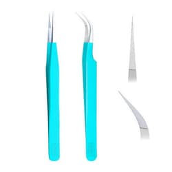 HADIZ Fiber Tip Eyelash Extension Tweezers Volume Lash Tweezer Staright & Curved Pack of Two (turquise)