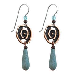 Seagrass and Sage Aegean Odyssey Organic Sea Green Antiqued Copper Earrings Glass Teardrop Beads Sterling Silver Earwires Ocean Pebbles Sea Urchins Freeform Abstract Circle Design Rustic Distressed Jewelry for Women