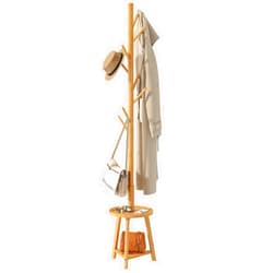 BMOSU Coat Rack freestanding Stand with 2 Shelves Bamboo Wooden Coat Tree Easy Assembly 8 Hooks Standing Jackets Hanger Hallway Office Floor Coat Stand Nature