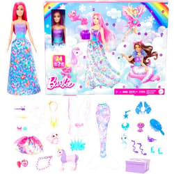 Barbie Advent Calendar with Doll & 24 Surprise Accessories Including Unicorn & 3 Pets, Transform Pink-Haired Fashion Doll into Mermaid, Fairy & More