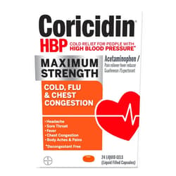 Coricidin HBP, Decongestant-Free Cold Symptom Relief for People with High Blood Pressure, Maximum Strength, Flu & Chest Congestion Liquid Gels, 24 Count