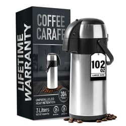 Linda's Essentials Coffee Carafe Insulated 102 OZ / 3L Stainless Steel Hot Beverage Dispenser, Airpot Coffee Dispenser with Pump, Thermal Coffee Carafe for Hot Liquids, Coffee Carafes for Keeping Hot Drink Dispenser
