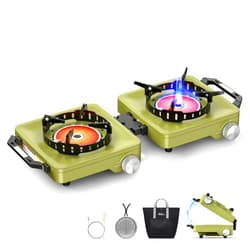 MoKo Propane Camping Stove 2 Burner, 36,000 BTU Infrared & Open Flame Hybrid, Windproof Folding Portable Outdoor Gas Cooking Kit with Frying Pan & Carry Bag For RV, Tailgating, Survival, Green