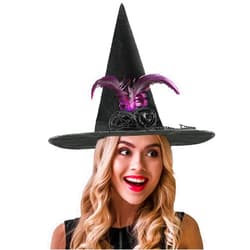 CoFashion Halloween Black Witches Hat for Women - Fancy Velvet Witch Hats with Purple Feathers,Flowers and Beads for Halloween Party Cosplay Costume Accessory