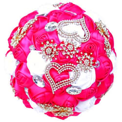 XINNI Brooch Bridal Wedding Bouquet Bride Bridesmaids Satin Rose Flower with Heart-Shape Rhinestone for Wedding Quinceanera Bouquet Rose Red and White