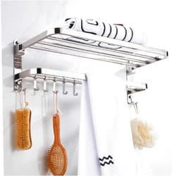 Vkeid Stainless Steel Hotel Home Kitchen/Sanitary Home Wall-Mounted Towel Rack Towel Storage Rod Towel Rail, Wall-Mounted Double Storage Shelf with Hooked Bathroom Acces