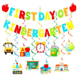 CAVLA Colorful Glittery First Day of Kindergarten Banner and Back to School Hanging Swirl Decorations 1st Day of School Garland Banner Classroom Welcome Back To School Party Decorations Supplies