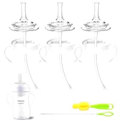 Qunland Straw Cup Conversion Kit for Philips Avent Natural Baby Bottles, Sippy Cups Transition Kit with Silicone Straw Top Nipples, Weighted Straw, Bottle Handle, Cleaning Brush for Toddler 6+ Month, 3-Pack