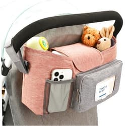 Accmor Universal Stroller Organizer with Insulated Cup Holder, Stroller Caddy Bag Accessories, Stroller Cup Holder Organizer for Uppababy Baby Jogger Britax Stroller, Pink