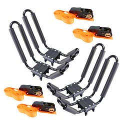 YUANSHI 2 Pairs Heavy Duty Kayak Roof Rack J-Bar Carrier Holder - Includes 4 Pcs Ratchet for Canoe, SUV, Cars, Truck, Surf Ski, Tie-Mount on Car Roof Top Crossbar for Trip, Set of 4