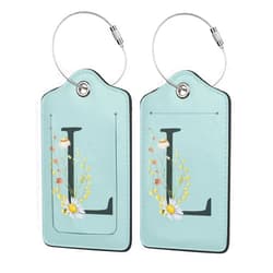 ANNCED 2 Pack Blue Luggage Tag for Suitcase, Black Letter L Boho Flowers Leaves Floral Pu Leather Suitcase Tag with Loop & Privacy Cover Name Id Label for Bags and Backpacks Women Men Baggage Identifiers
