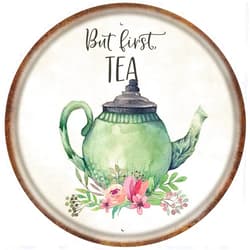 ERTIFOR Vintage Metal Tin Sign Floral Kitchen Teapot But First Tea Tea Sign Teapot Wall Art Sign Flower Decor Relaxing Poster Country Wall Art for Home, Living Room, Kitchen & Bathroom 8X8Inch