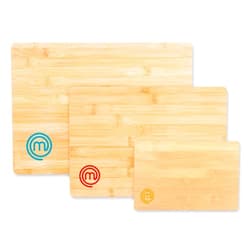 MasterChef Cutting Boards for Kitchen, Bamboo Chopping Board Set of 3, Organic Food Safe Surfaces for Preparing & Serving Meat, Cheese etc, Large, Medium & Small Wooden Boards with Color Coded Logos