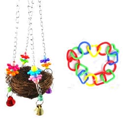 BlessPet Natural Rattan Nest Bird Swing Toy with Bells and 20PCS Big Mixed Shape C Chain Links Plastic Neon Toy DIY