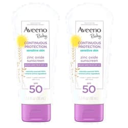 Aveeno Baby Continuous Protection Zinc Oxide Mineral Sunscreen Lotion for Sensitive Skin with Broad Spectrum SPF 50, Tear-Free, Sweat- & Water-Resistant, Travel-Size, 3 fl. Oz (Pack of 2)