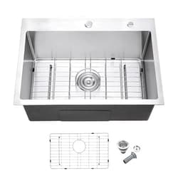 MENATT 25 Inch Drop in Kitchen Sink Brushed, 18 Gauge Stainless Steel 2 Holes Single Bowl Topmount Kitchen Sinks with Drain Assembly & Grid, D25