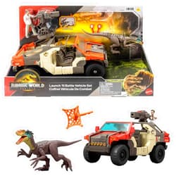 Mattel Jurassic World Rebirth Vehicle with 1 Human & 1 Dinosaur Figure, Launch ‘N Battle Truck, Martin Krebs Figure & Raptor, Turret & 2 Projectiles