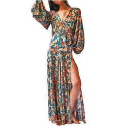 MYBFYABO Women's Bohemian Floral Print Long Dress Lantern Long Sleeves Wrap V-Neck Slit Hem Flowy A-Line Party Maxi Dress