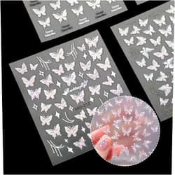 Lusofie 5 Sheets Butterfly Nail Stickers 5D Embossed Aurora Pink Shell Butterfly Nail Decals Holographic Glitter Butterfly Nail Art Stickers for Women & Girls